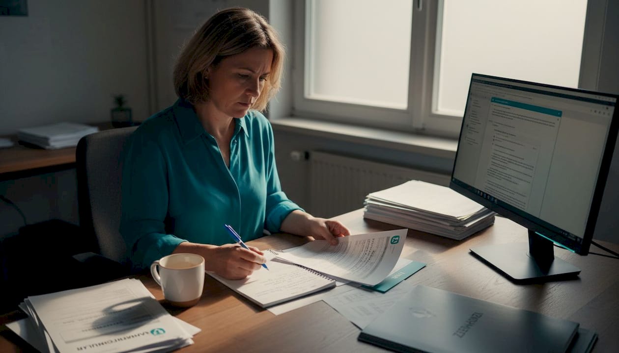 Eine Veranstaltungsmanagerin sitzt inmitten von Papierstapeln in ihrem überladenen Büro und prüft sorgfältig Unterlagen.
