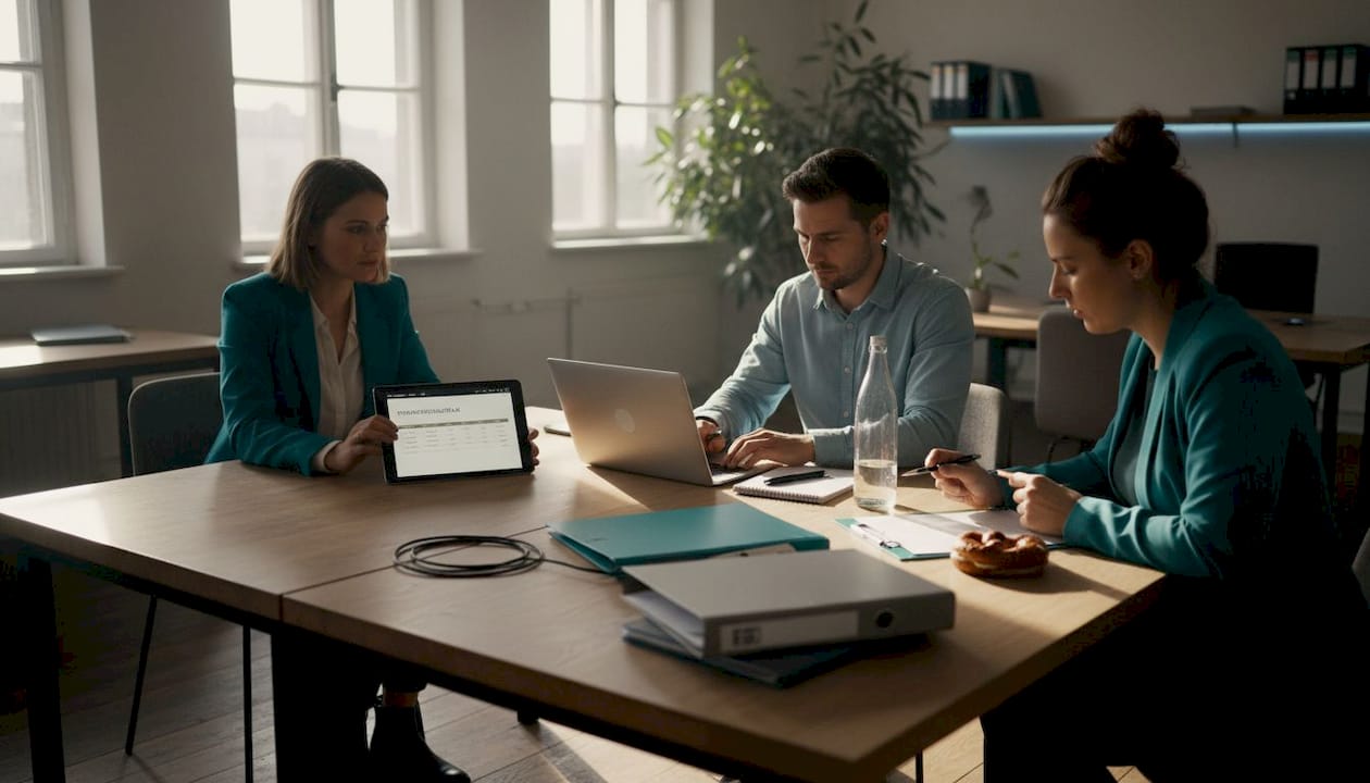 Eine Gruppe bespricht am Tisch, wie sich Veranstaltungen künftig automatisiert planen lassen.