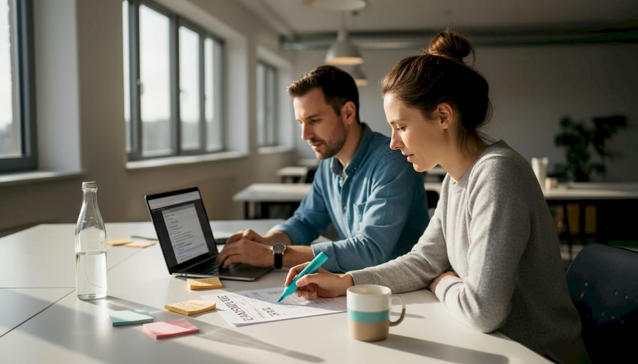 Im Büro gehen die Teammitglieder gemeinsam die Checkliste für das bevorstehende Event durch.