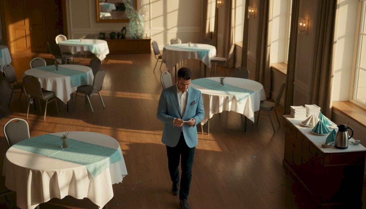Der Veranstaltungsleiter im Hotel prüft, ob der Bankettsaal für das Event passend vorbereitet ist.