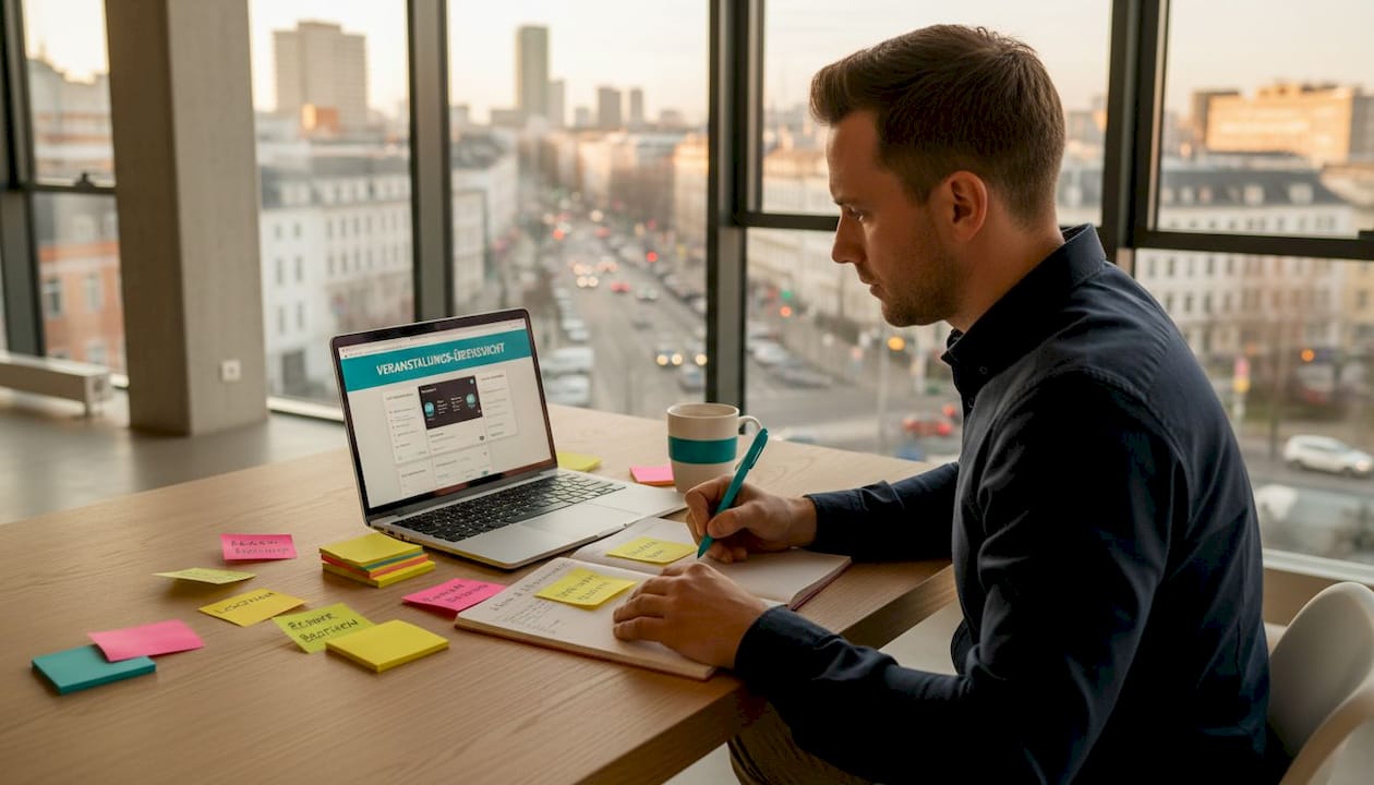 Eine Eventmanagerin arbeitet in einem hellen, modernen Großraumbüro gemeinsam mit ihrem Team.
