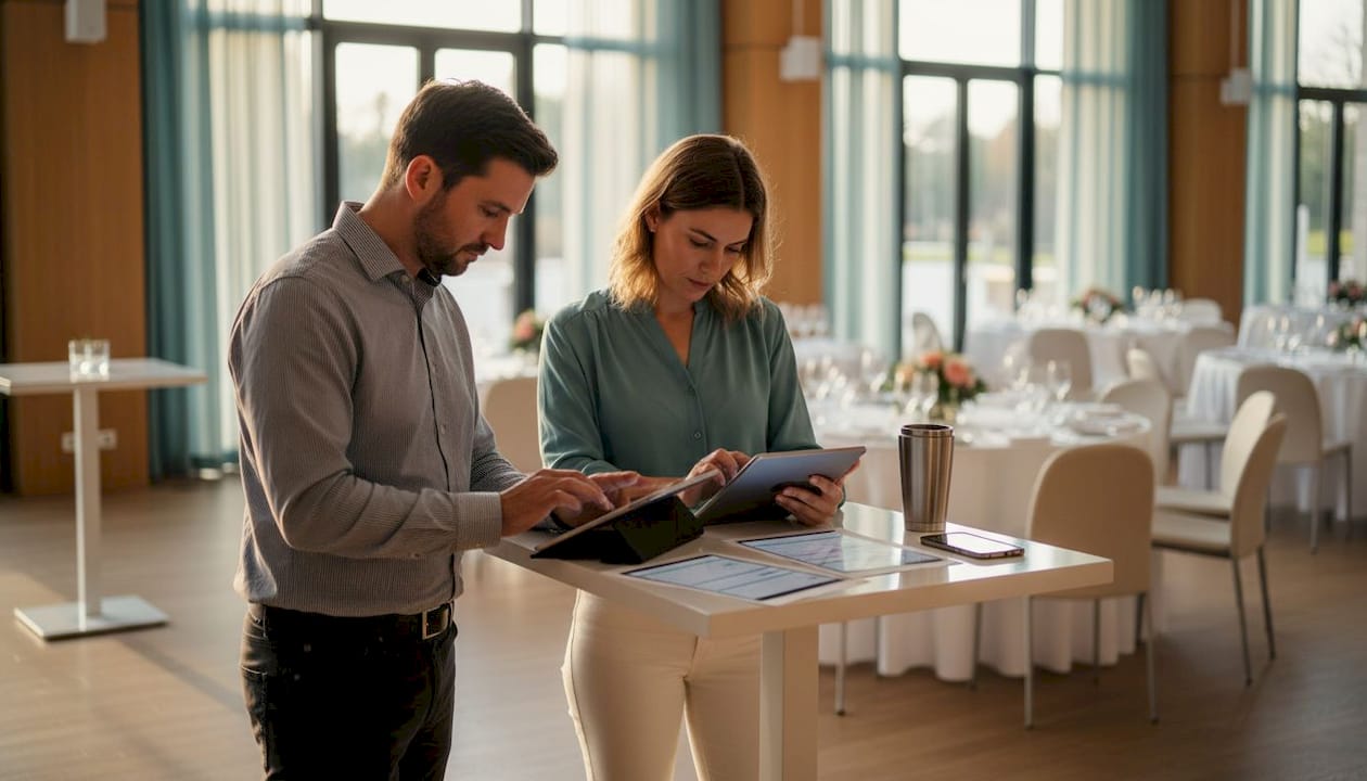 Veranstaltungsleiter prüfen digitale Checklisten direkt vor Ort in der Halle.