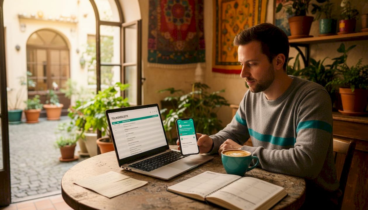 Ein Eventmanager plant und organisiert Veranstaltungen am Computer direkt vom Büro aus.