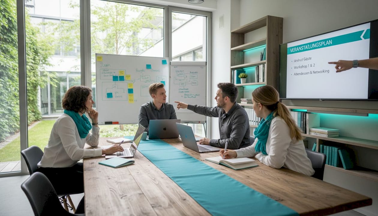 Im Büro tauscht sich das Team über den Ablauf digitaler Veranstaltungen aus.