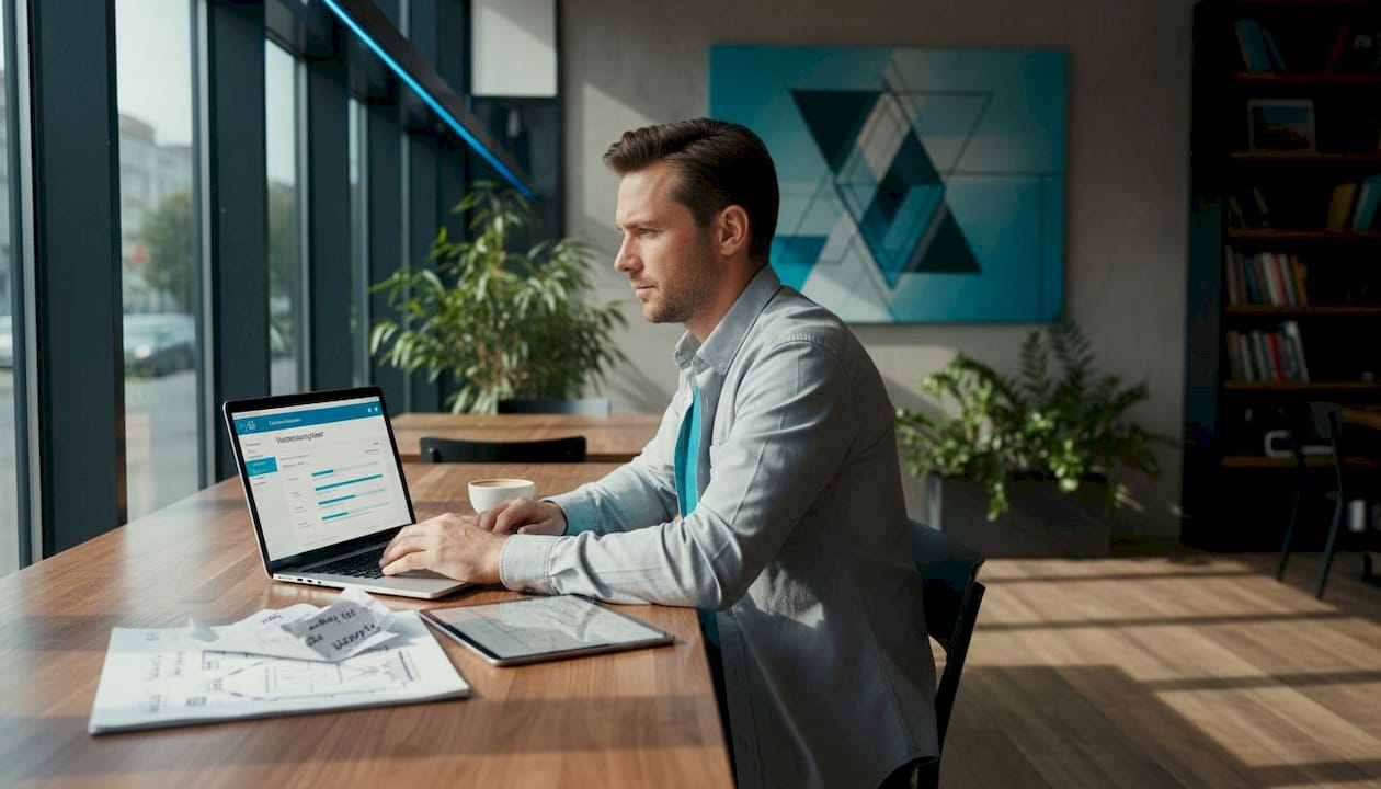 Ein Eventmanager organisiert seine Arbeit flexibel am Laptop und Tablet.