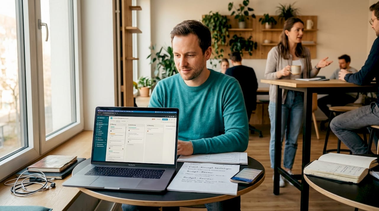 Im modernen Coworking-Space organisiert der Eventmanager seine Veranstaltungen direkt am Laptop – ganz flexibel und browserbasiert.