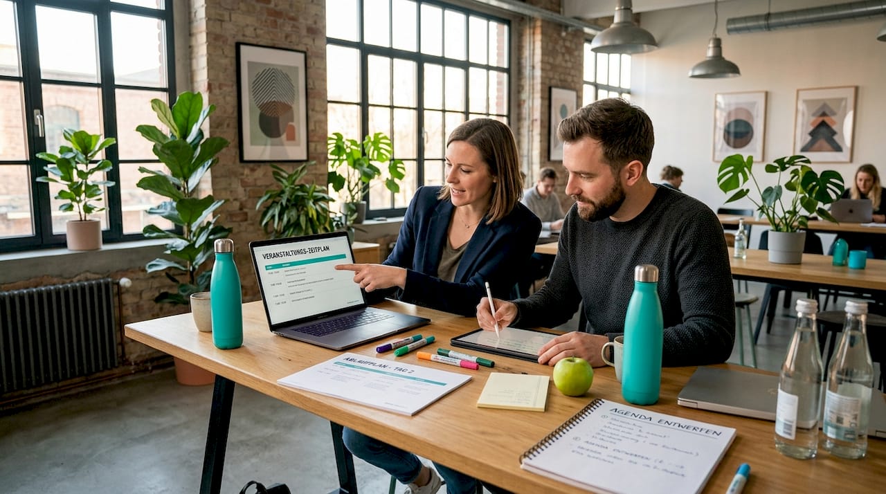 Zwei Eventmanager sitzen gemeinsam am Besprechungstisch und planen eine Veranstaltung.