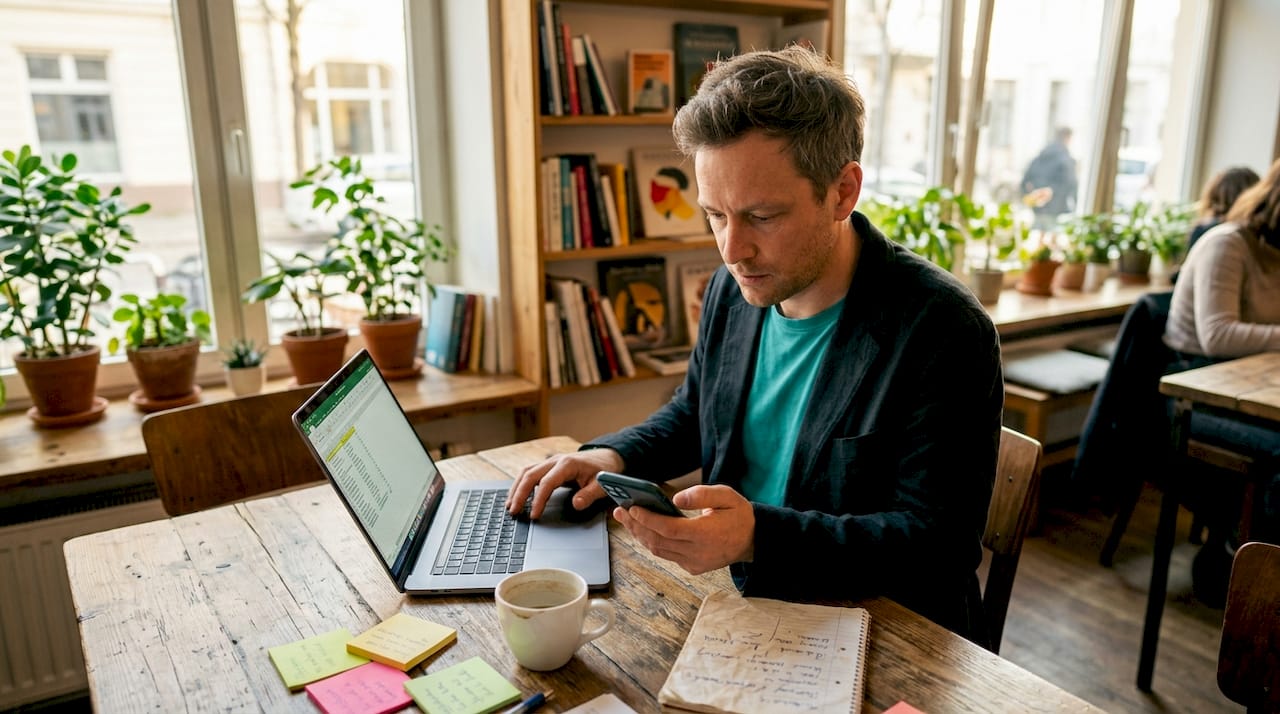 Ein Eventmanager sitzt im offenen Büro und arbeitet konzentriert am Laptop.
