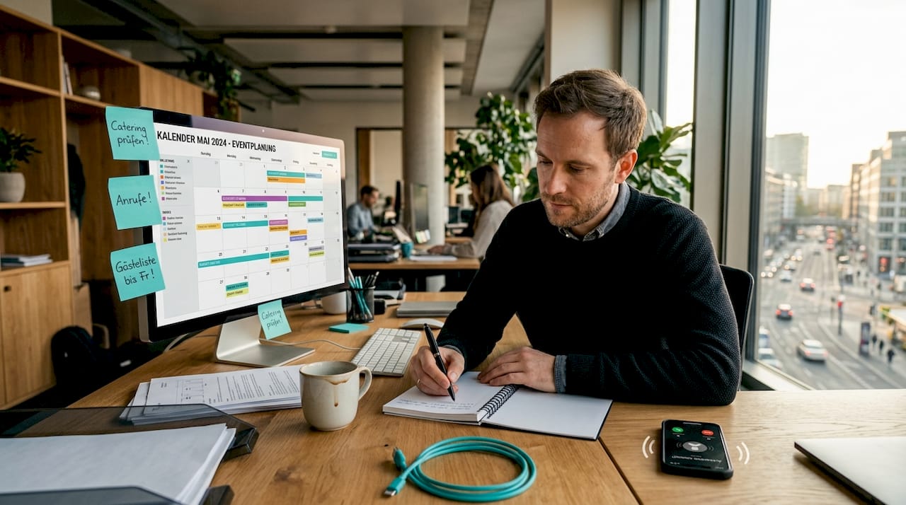 Eventplaner erstellt Zeitplan am Schreibtisch