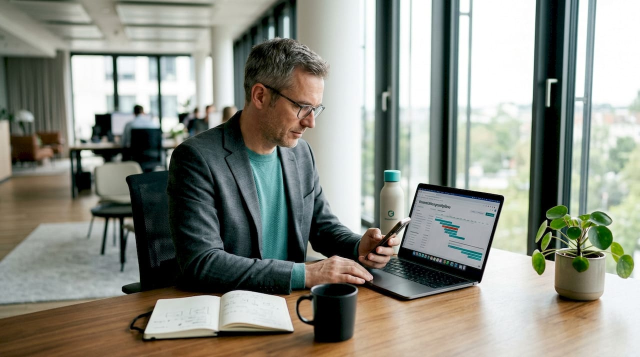 Ein Eventmanager arbeitet am Schreibtisch und nutzt dabei sowohl Laptop als auch Smartphone.