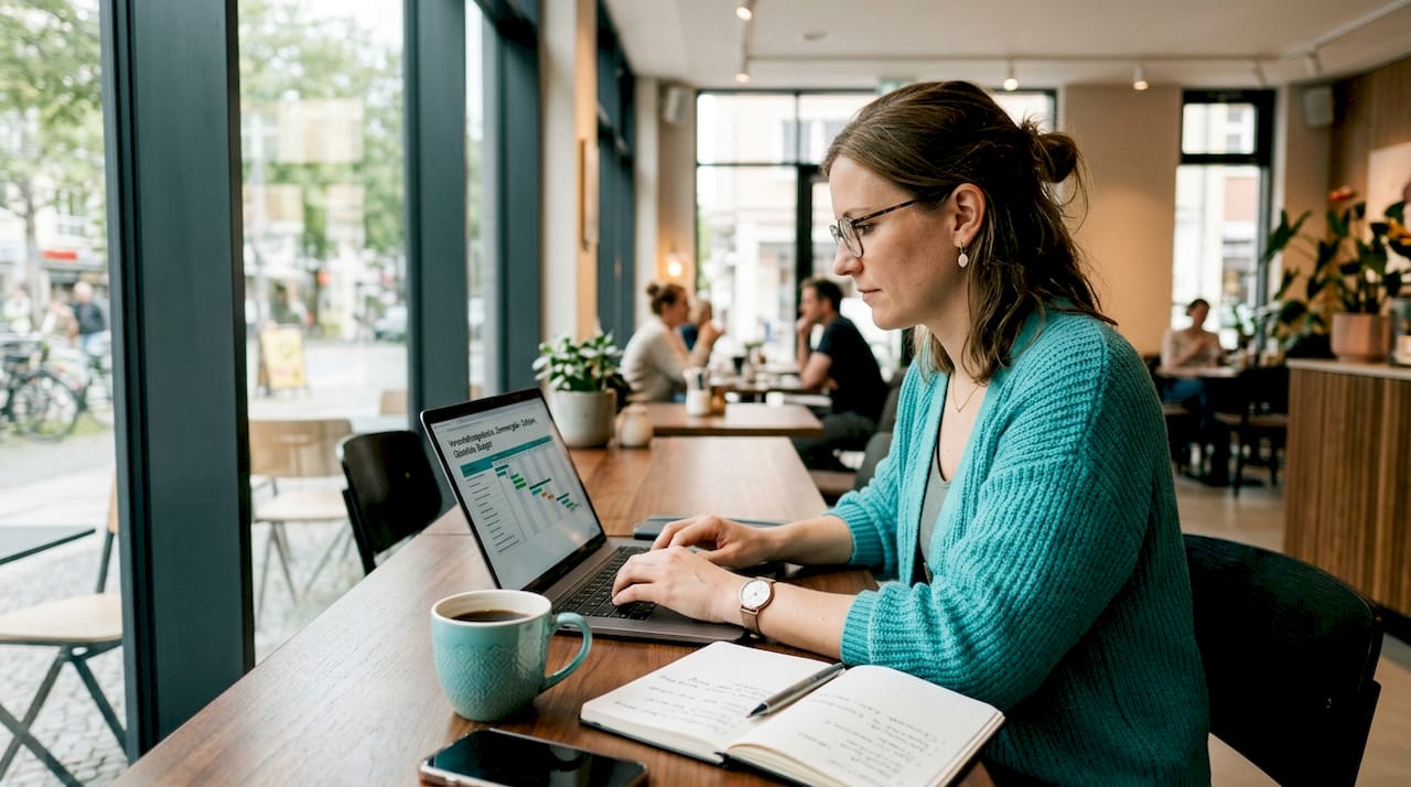 Eine Eventmanagerin sitzt an ihrem Schreibtisch im Homeoffice und plant Veranstaltungen.
