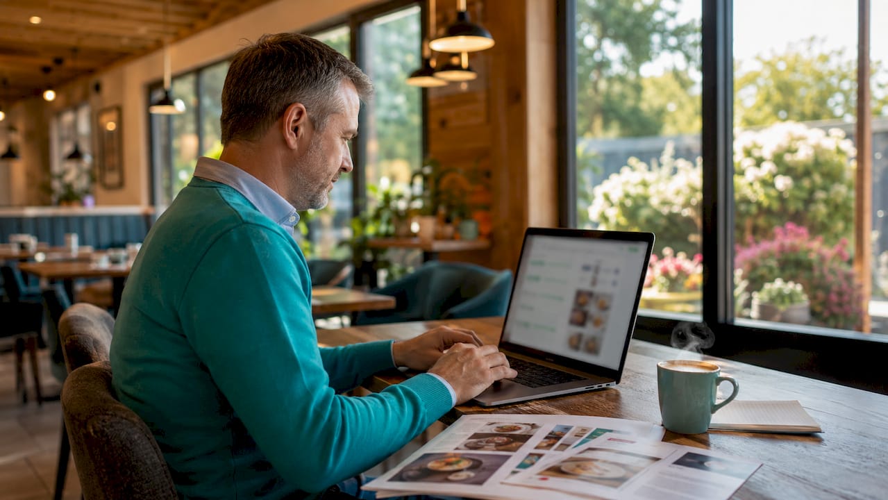 Ein Mann entwickelt am Laptop eine Software für Catering-Unternehmen.
