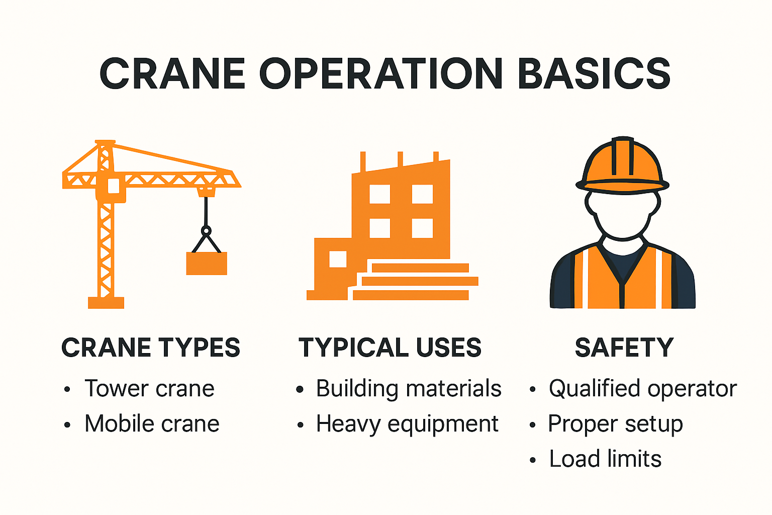 Infographic showing basic crane types and safe use tips
