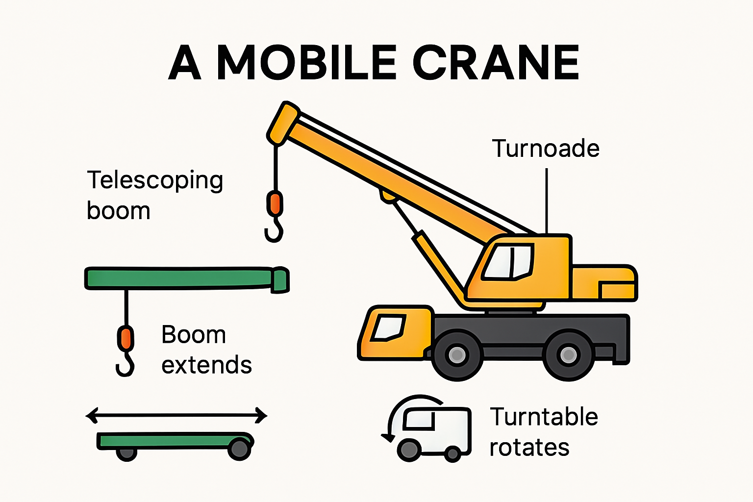 Labeled diagram showing main parts of a mobile crane