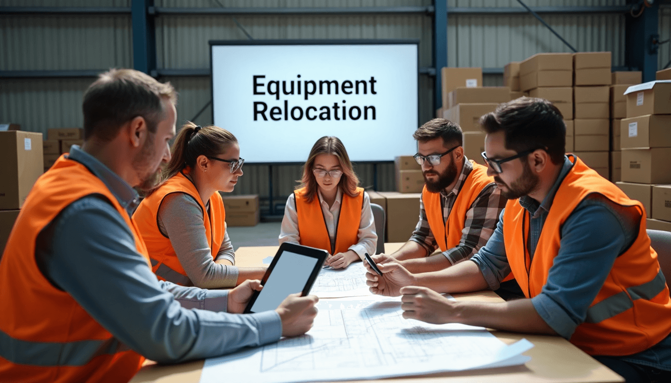 Team planning equipment relocation in a sunlit warehouse