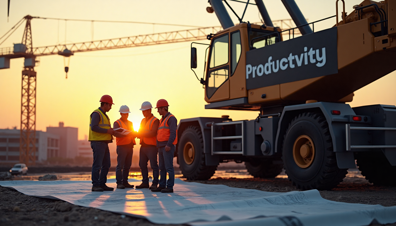 Construction team beside mobile crane at sunrise