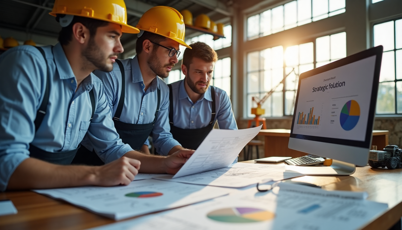Managers review blueprints at desk with crane cost chart on monitor