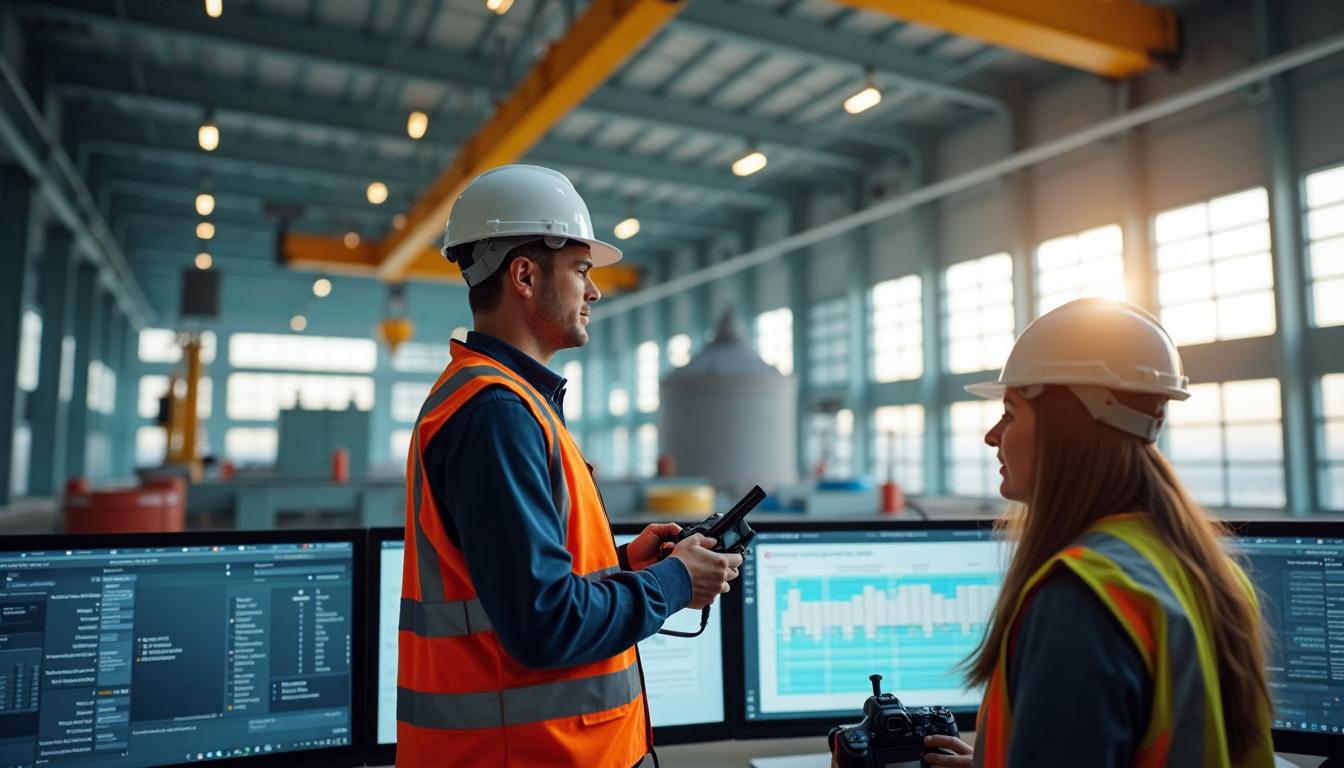 Crane operator and engineers reviewing compliance checklists on monitor