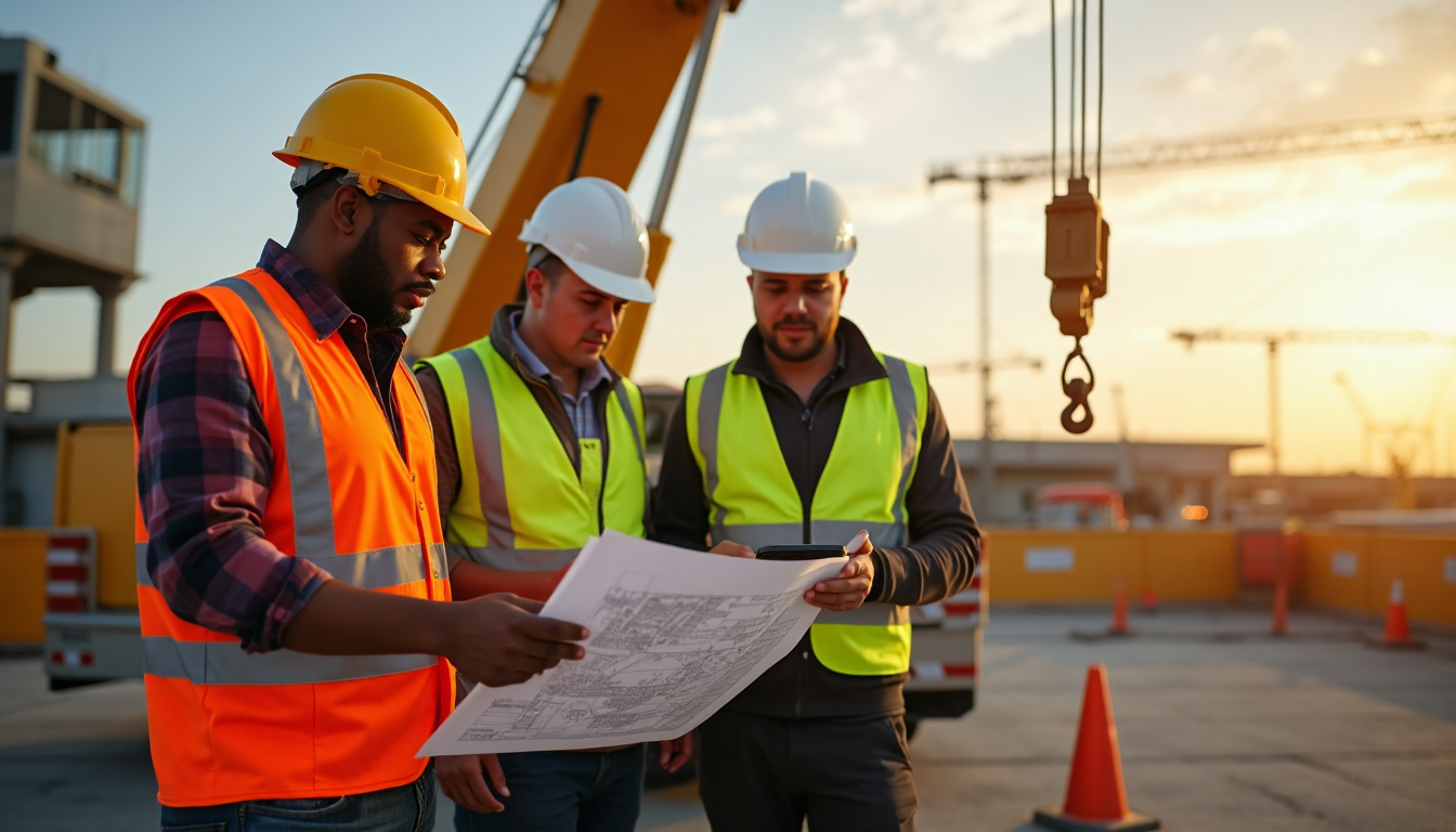 Crane operators and supervisor reviewing tablet at sunrise on job site