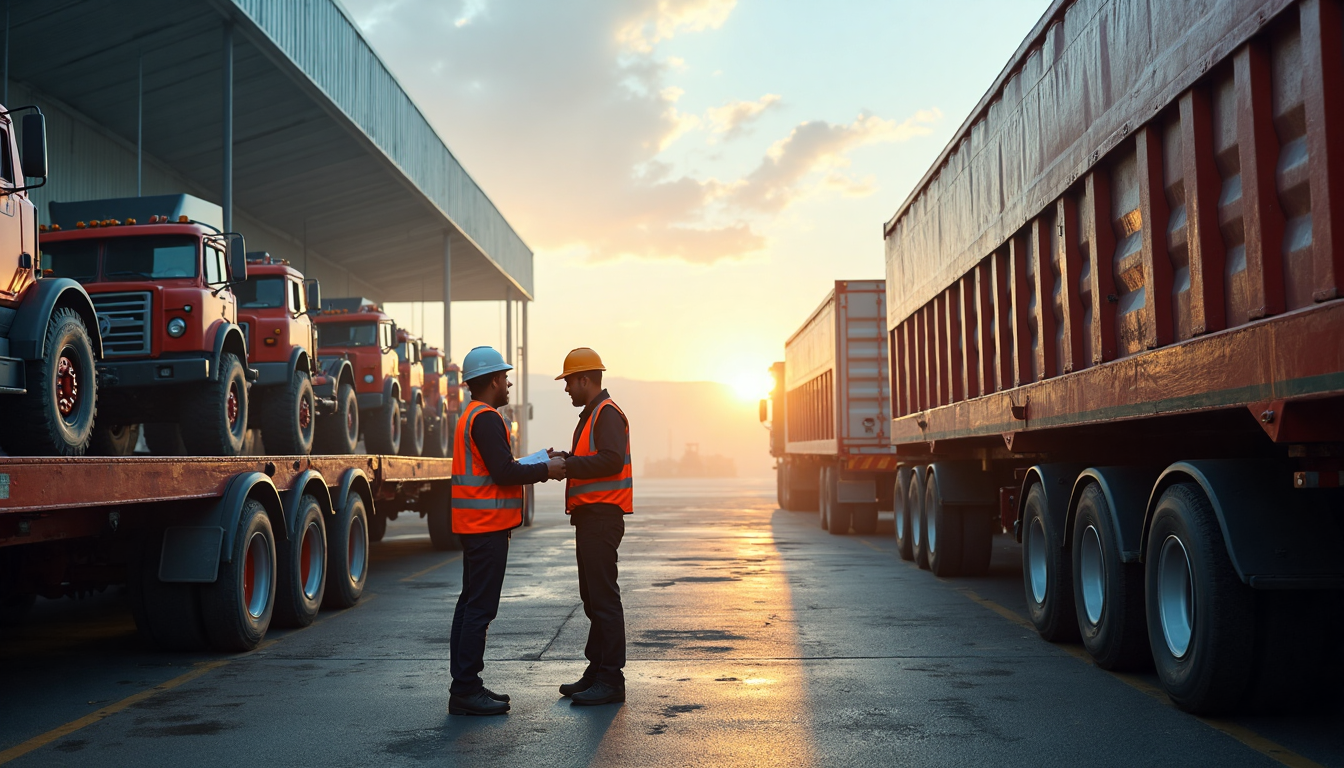 Depot workers and trucks with 'Heavy Load Transport' on wall sign