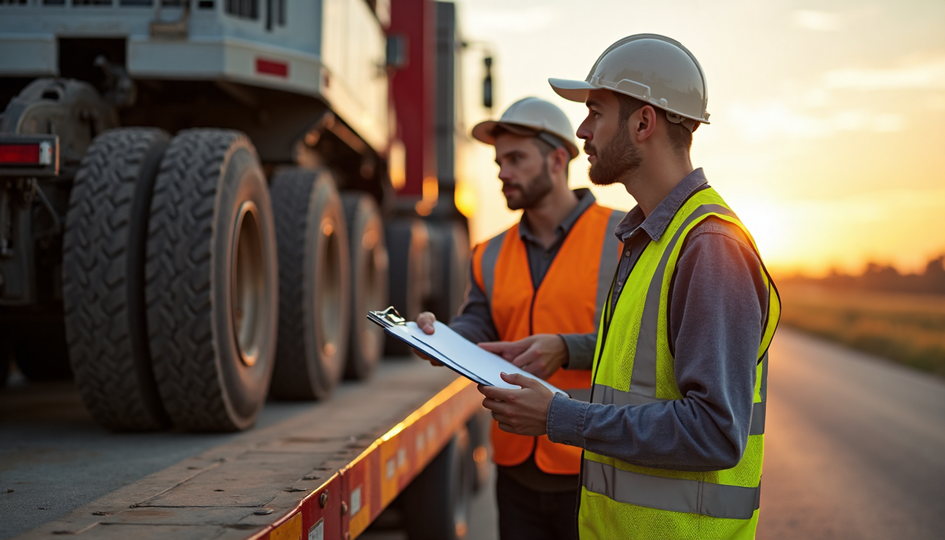 Inspectors check flatbed cargo with 'Securement Standards' on checklist