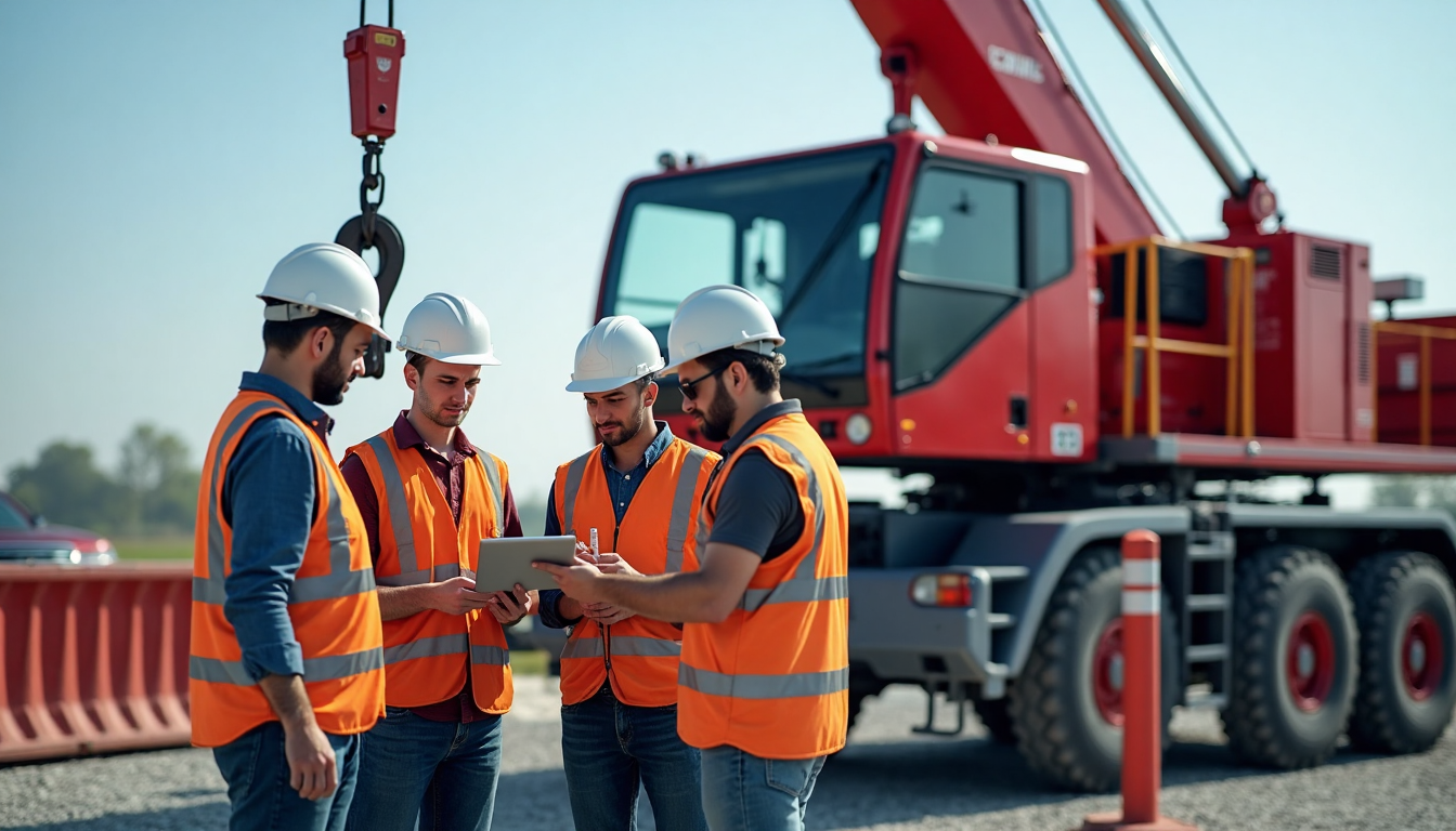 Crane operators with checklist and safety poster at jobsite