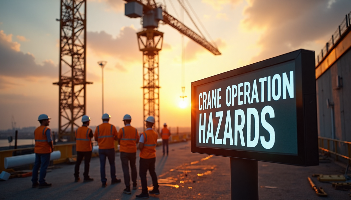 Construction site with crane and safety info board at sunrise