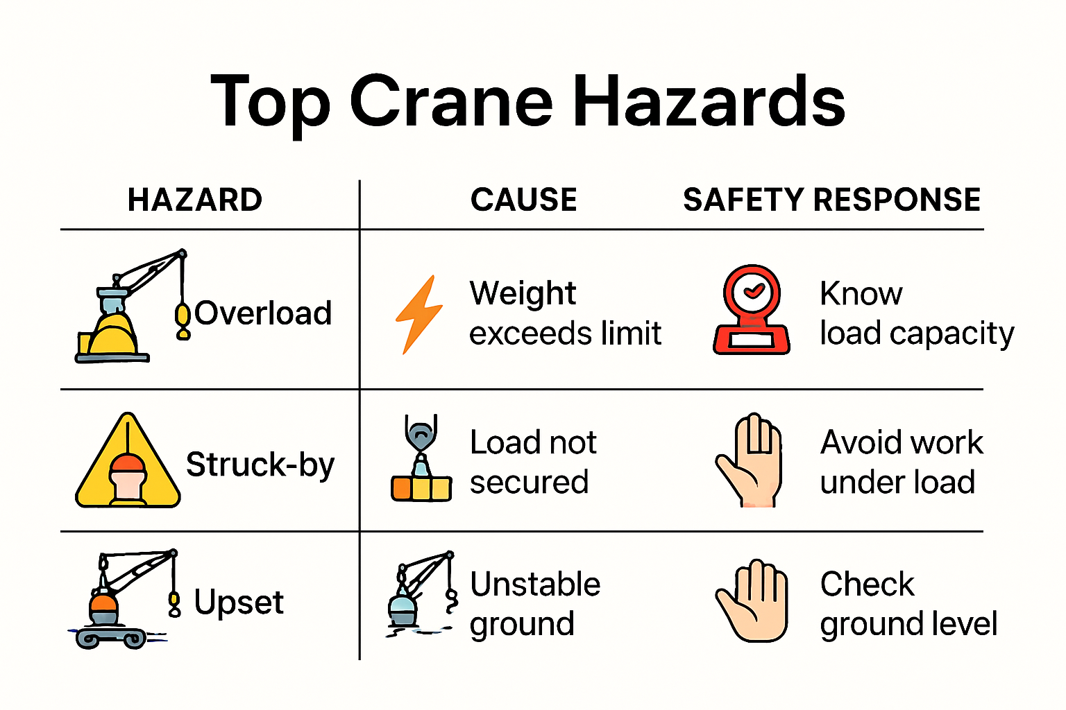 Infographic comparing main crane operation hazards and prevention