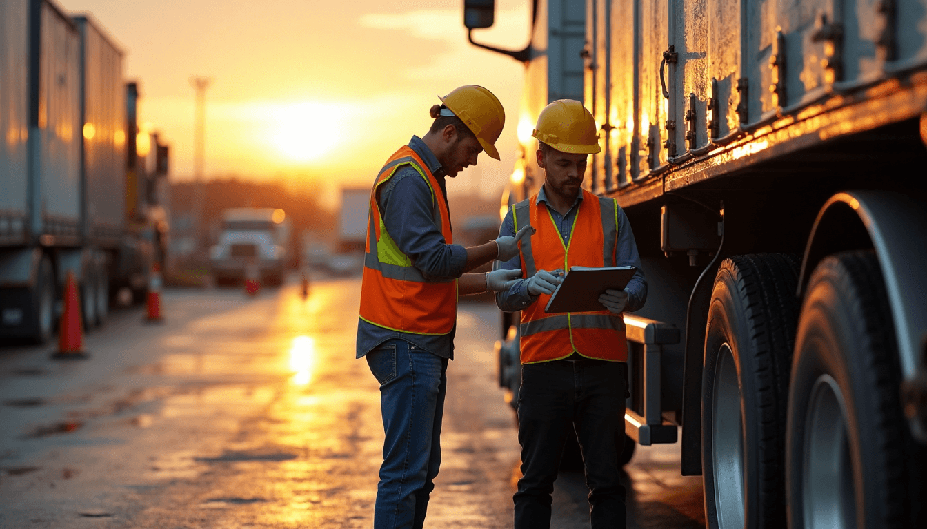 Flatbed truck drivers conduct pre-trip inspection at dawn
