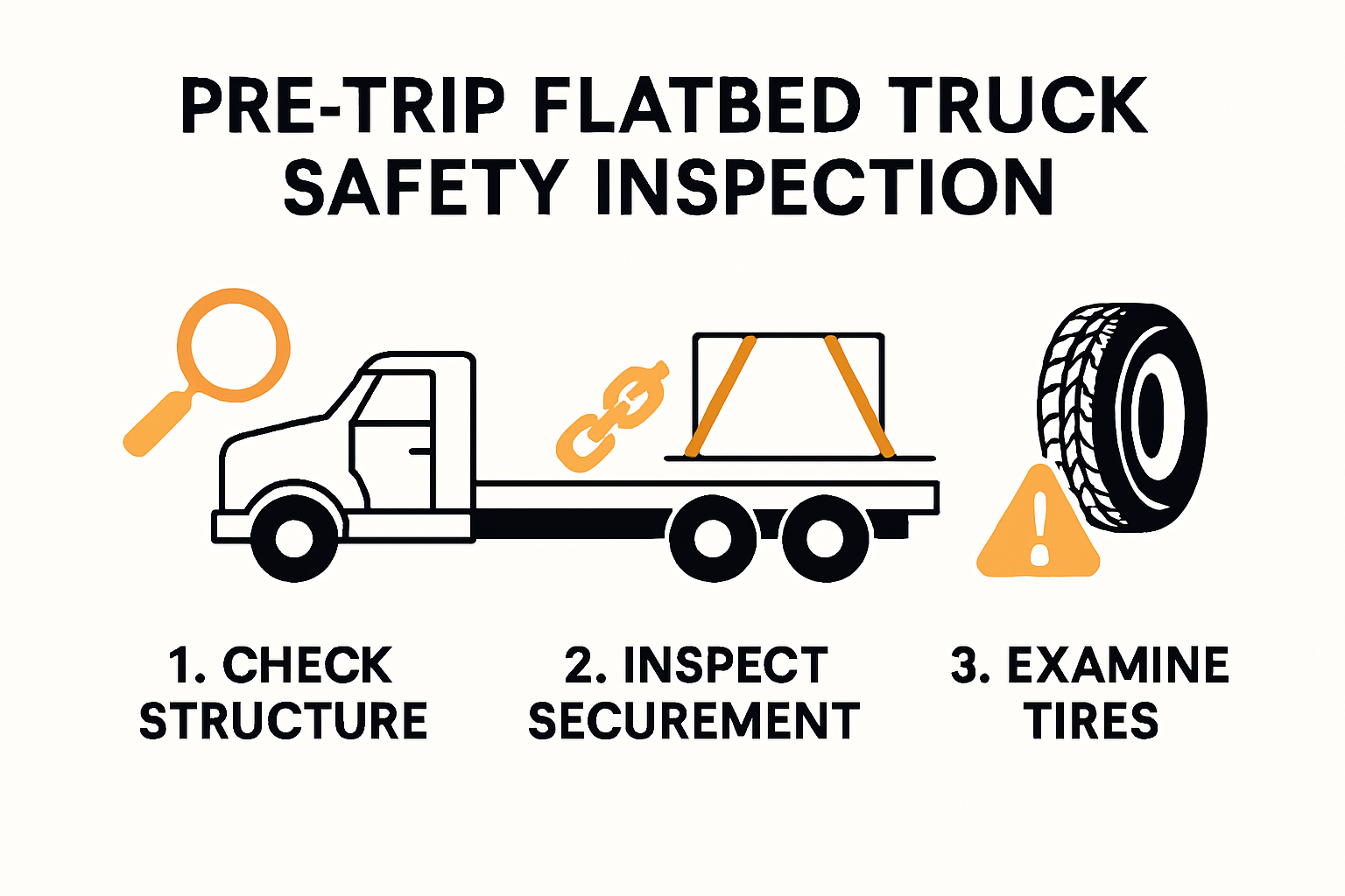 Infographic showing pre-trip flatbed truck safety inspection steps