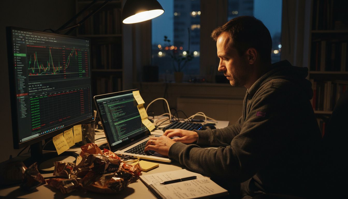Engineer programming crypto trading bot setup