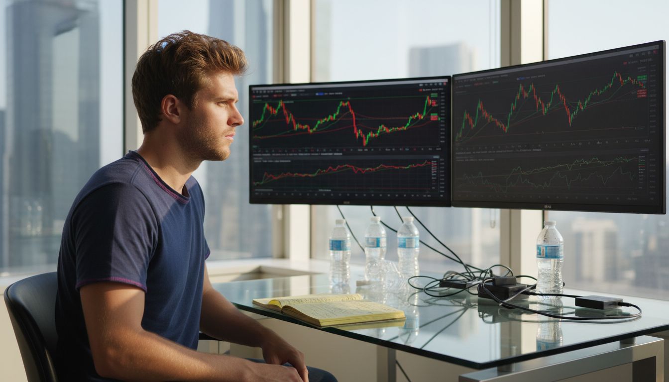 Crypto trader monitoring charts in bright office