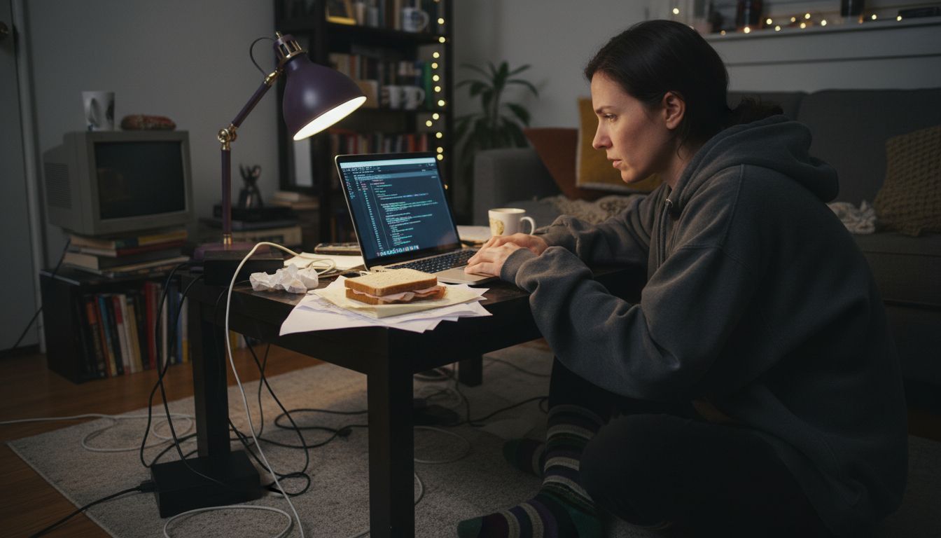 Woman coding crypto bot at night