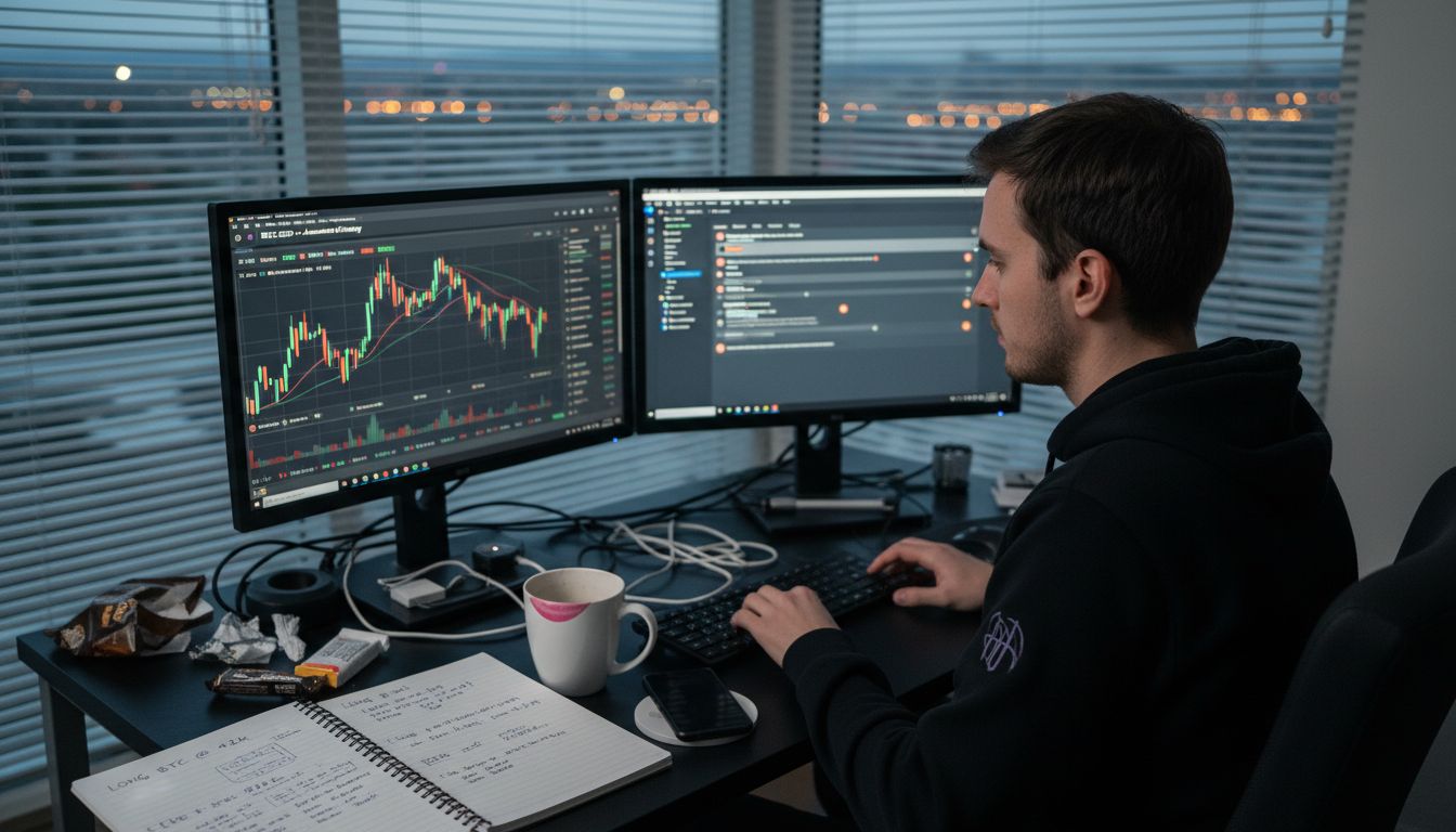 Crypto trader monitoring automated system at dusk
