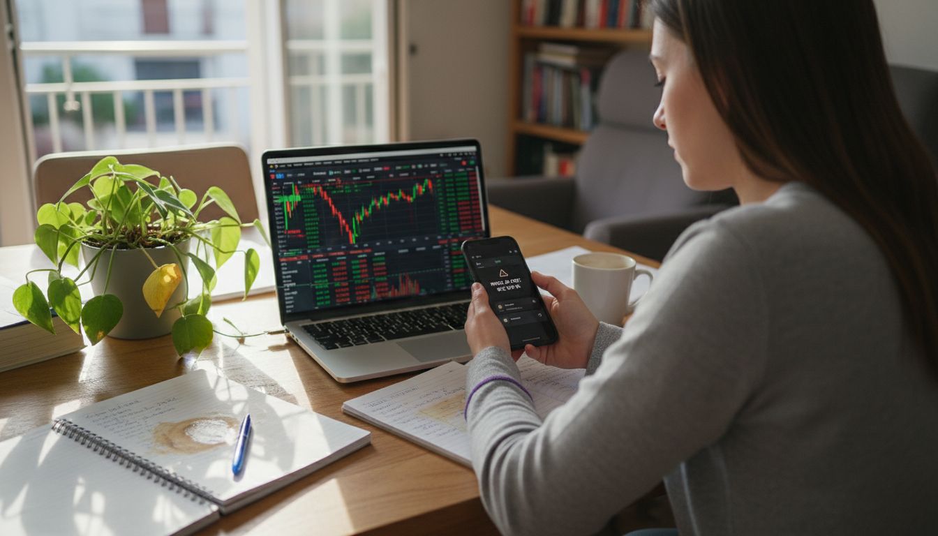 Checking crypto trades at cluttered table