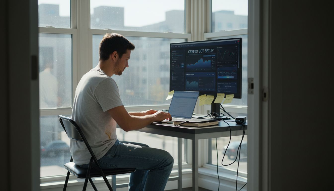 Man setting up trading bot in cluttered home office