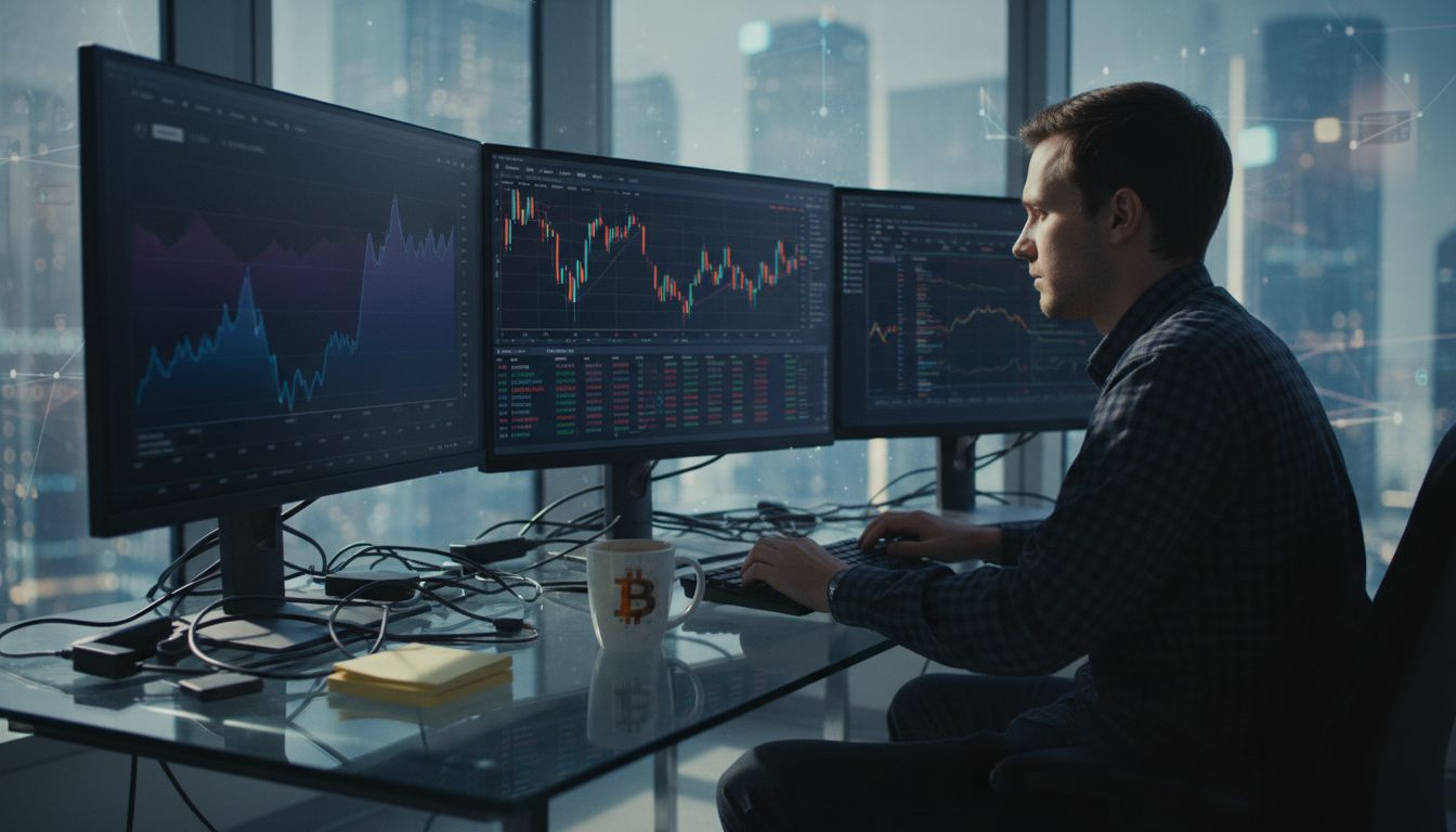 Crypto trader at desk with multiple monitors
