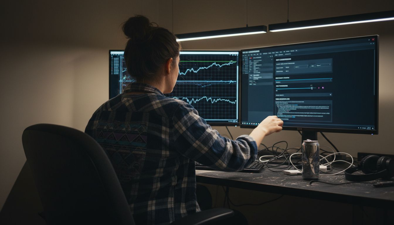 Woman configuring trading bot setup on monitors