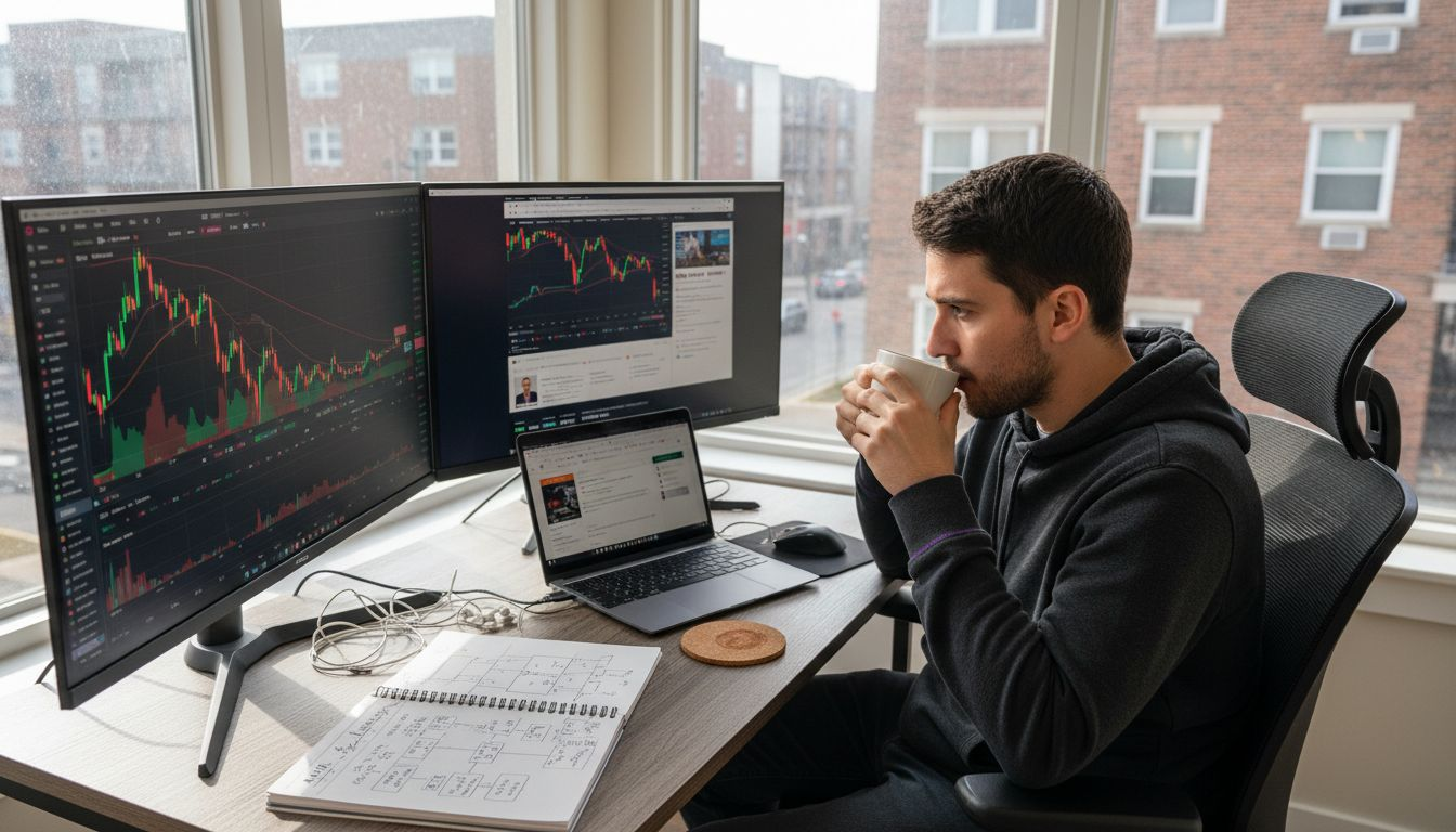 Crypto trader checking charts at desk