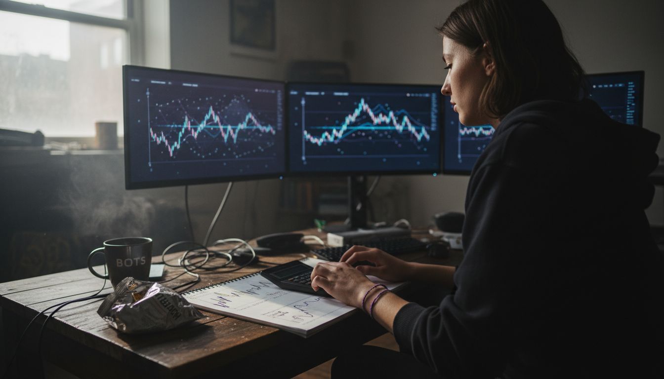Woman using multiple monitors for trading