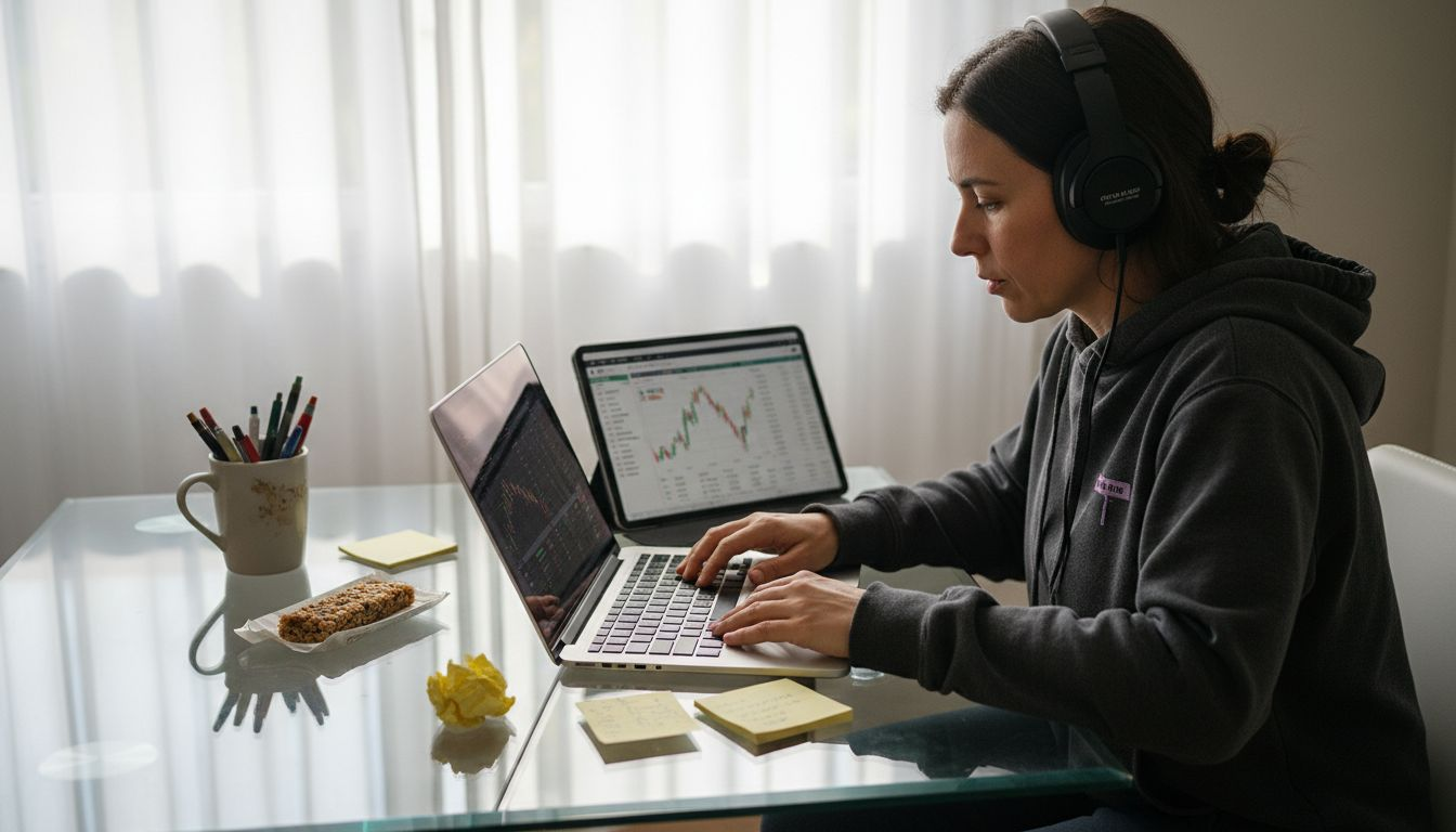 Woman comparing crypto exchanges at kitchen table