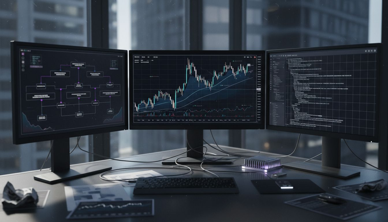 Crypto trader focused at multi-monitor desk setup