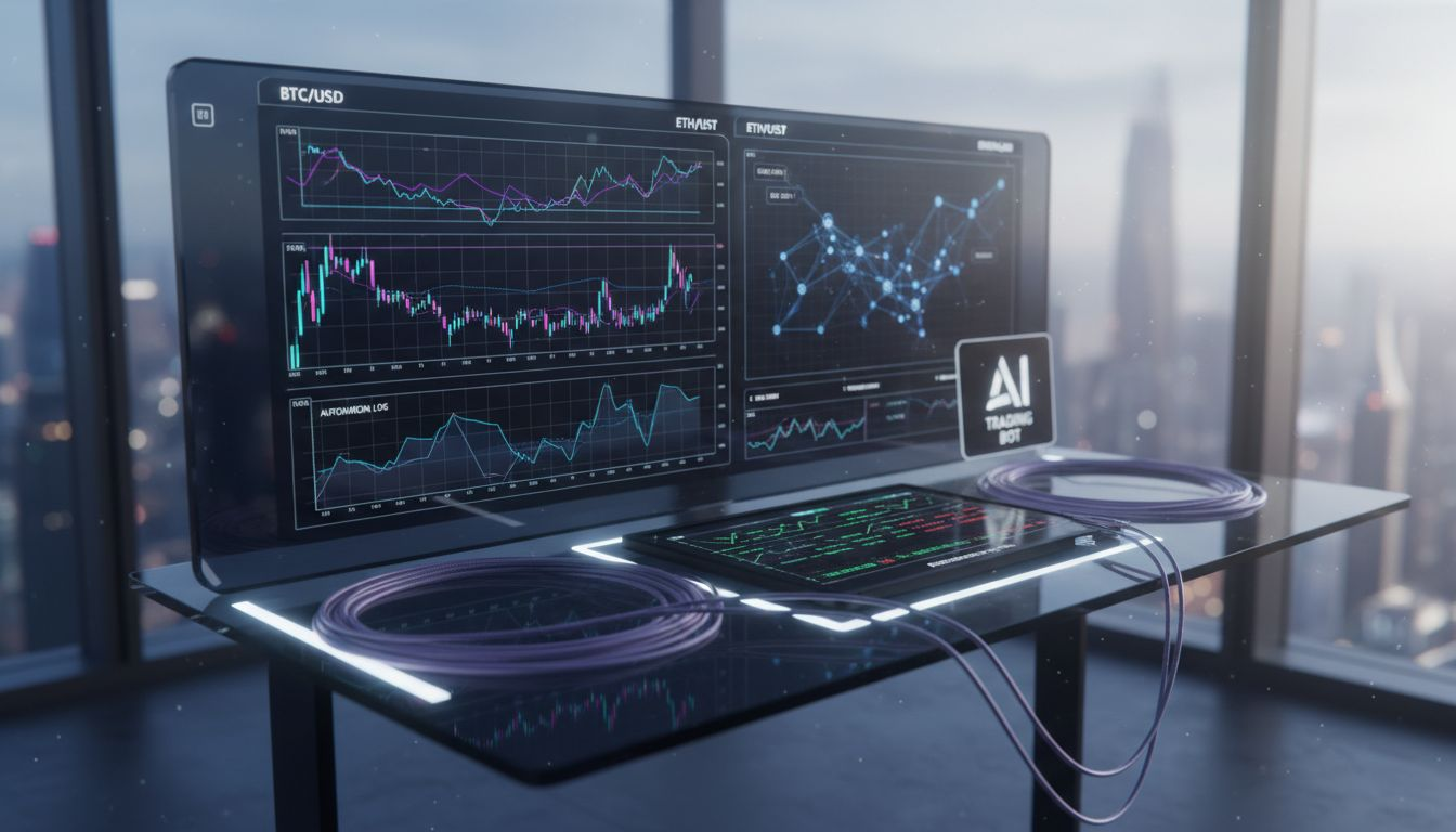 Trader watching crypto charts at cluttered desk