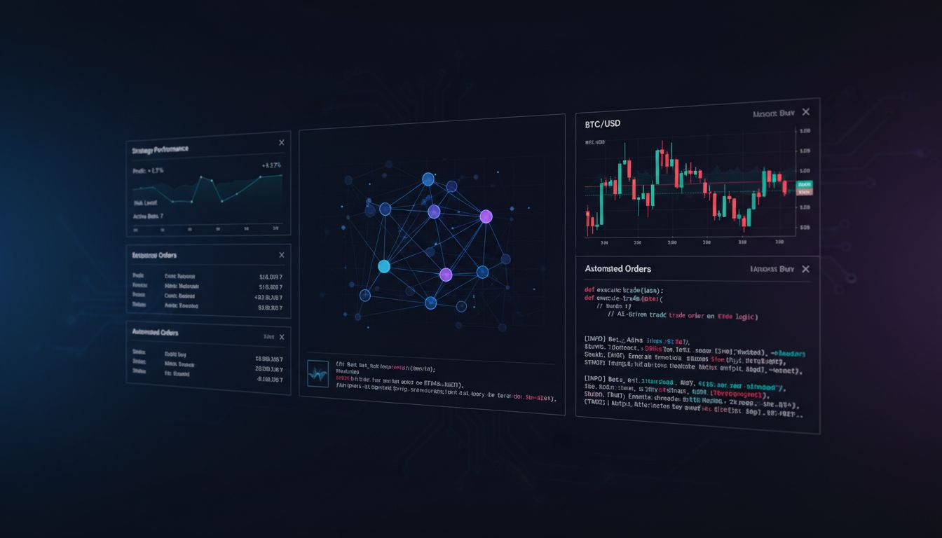 Crypto trader at workstation with multiple monitors