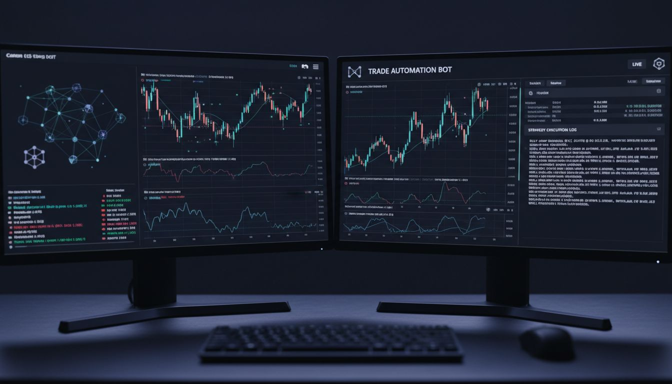Crypto trader at dual monitors in apartment