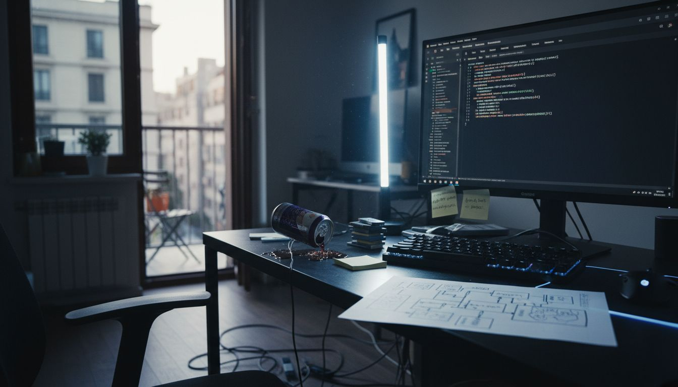 Engineer coding trading bot in cluttered apartment