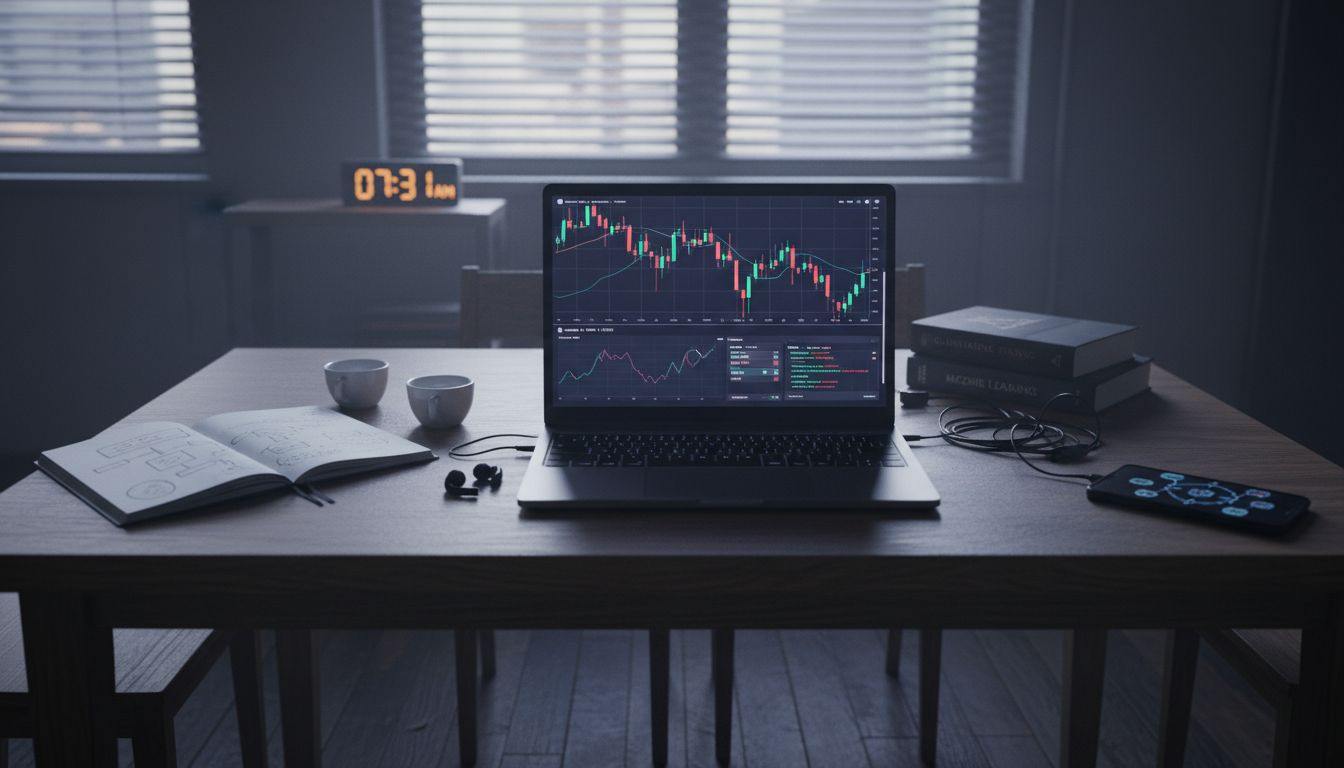 Crypto trader working from home office