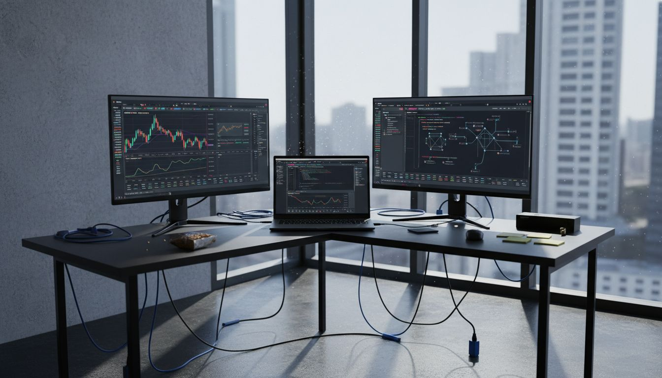 Trader checking cryptocurrency algorithms workspace