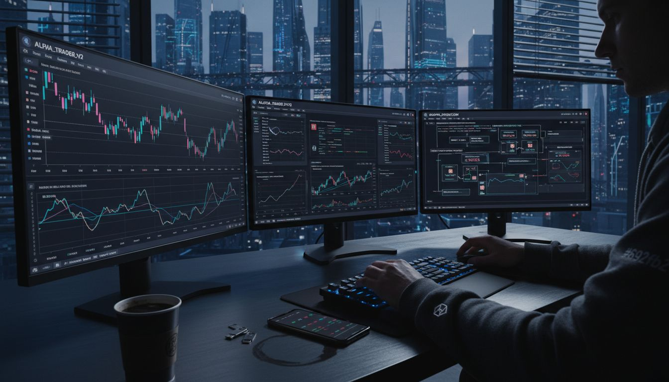 Trader using bots in urban office workspace