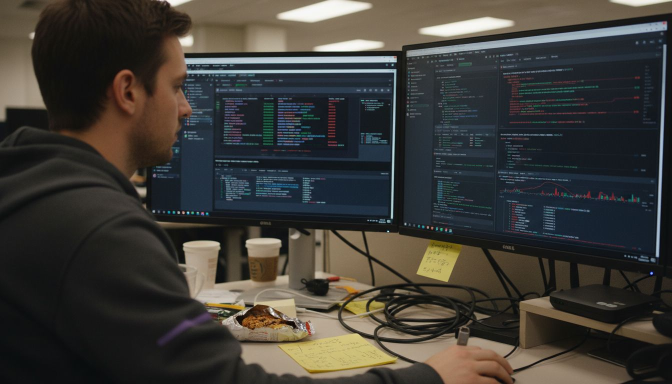 Engineer reviewing trading bot code and hardware